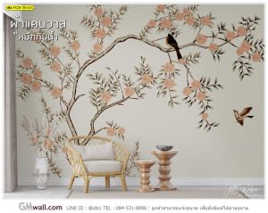 ภาพติดผนังเสริมฮวงจุ้ยลายดอกไม้จีนสีขาวครีม