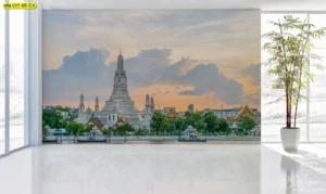 วอลเปเปอร์ภาพถ่ายวิวพระปรางค์วัดอรุณราชวรารามริมแม่น้ำเจ้าพระยายามเย็นสำหรับตกแต่งพื้นที่ห้องรับรองและศาลาให้ดูสง่างาม