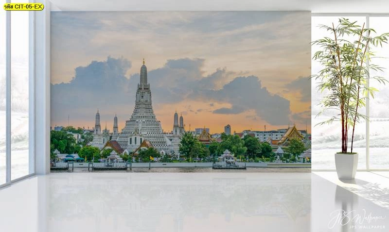 วอลเปเปอร์ภาพถ่ายวิวพระปรางค์วัดอรุณราชวรารามริมแม่น้ำเจ้าพระยายามเย็นสำหรับตกแต่งพื้นที่ห้องรับรองและศาลาให้ดูสง่างาม