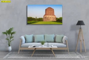 ภาพกรอบแคนวาสลายสถูปธรรมเมกขะโบราณสถานอินเดียสำหรับประดับตกแต่งห้องพระและพื้นที่ประกอบพิธีกรรมอย่างเรียบร้อยลงตัว