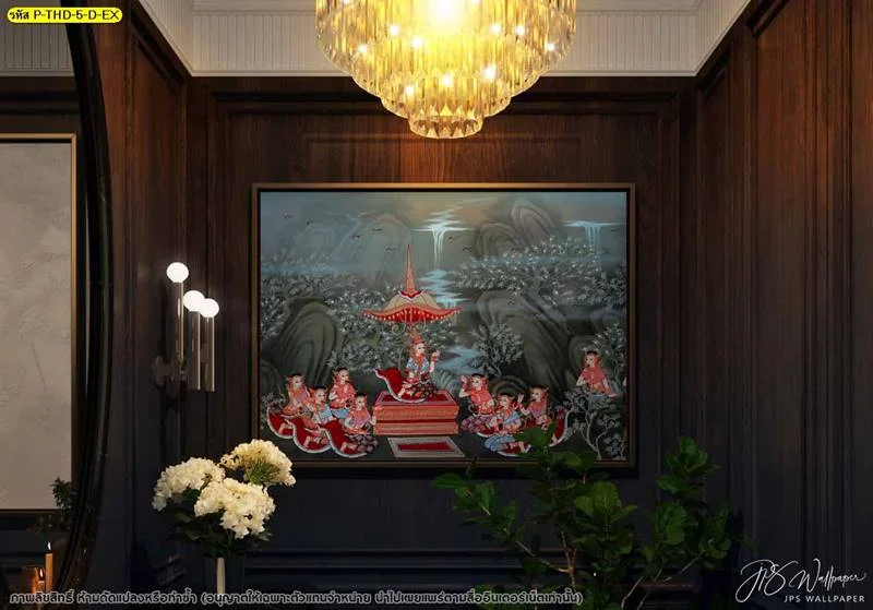 ภาพพิมพ์แคนวาสลายรจนาชมสวนประดับผนังทางเดินและโถงรับแขก สไตล์ไทยโมเดิร์นสุดประณีตเพื่อบ้านยุคใหม่