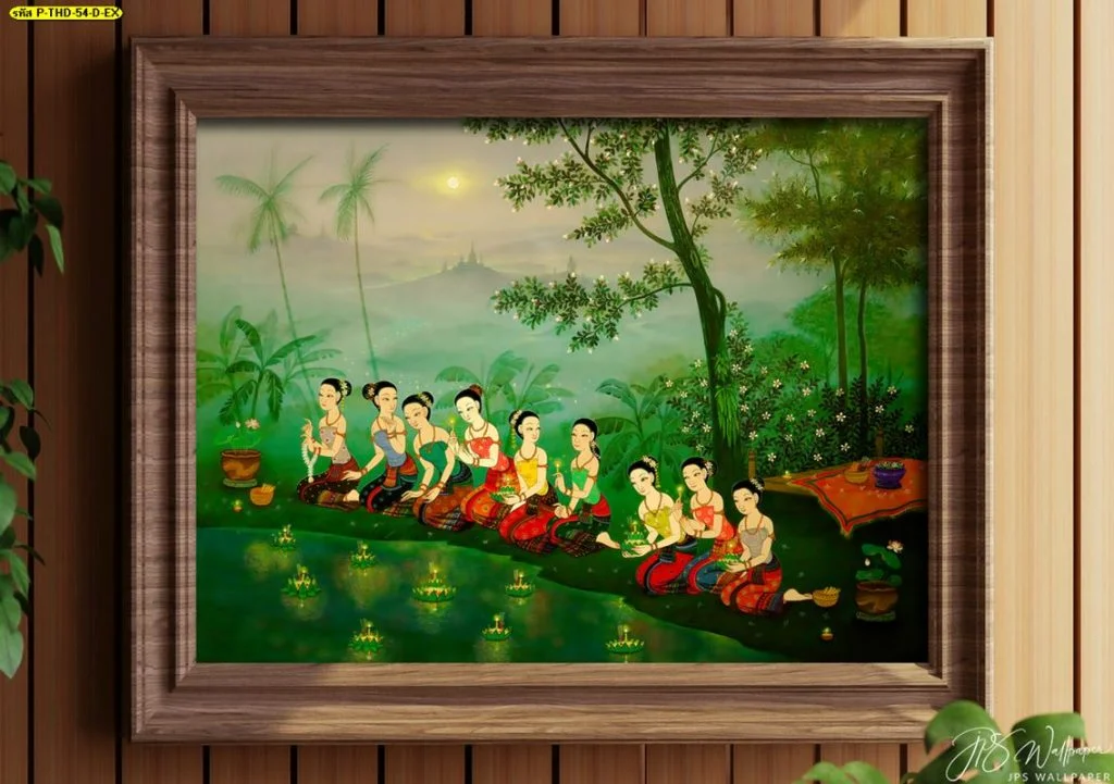 กรอบรูปแคนวาสลายประเพณีลอยกระทงยามค่ำคืน โทนสีเขียวธรรมชาติ สั่งพิมพ์ตามขนาดสำหรับประดับตกแต่งผนังห้อง