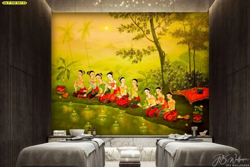 วอลเปเปอร์ลายลอยกระทงแสงสีทองอร่ามยามค่ำคืน ตกแต่งผนังห้องนวดสปา สร้างบรรยากาศผ่อนคลายและหรูหรา