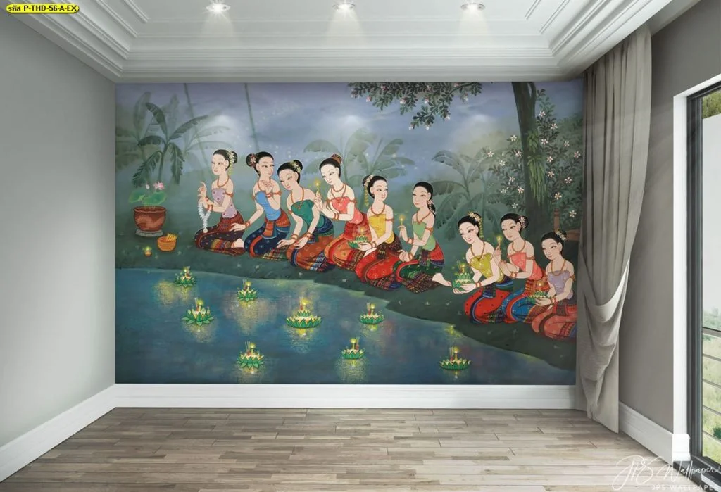 ภาพจิตรกรรมไทยลอยกระทงริมสายน้ำโทนฟ้านุ่มนวล ตกแต่งห้องพักผ่อนเพิ่มความสว่างสบายตาและสุนทรียภาพ