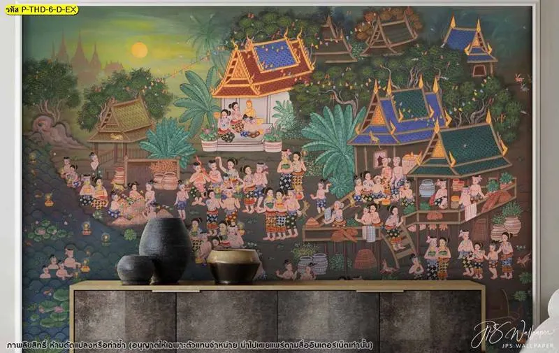 วอลเปเปอร์ภาพวาดประเพณีลอยกระทงชุมชนริมน้ำตกแต่งคู่ตู้คอนโซลลายหินอ่อนสร้างบรรยากาศอบอุ่นและมีมิติสมจริง