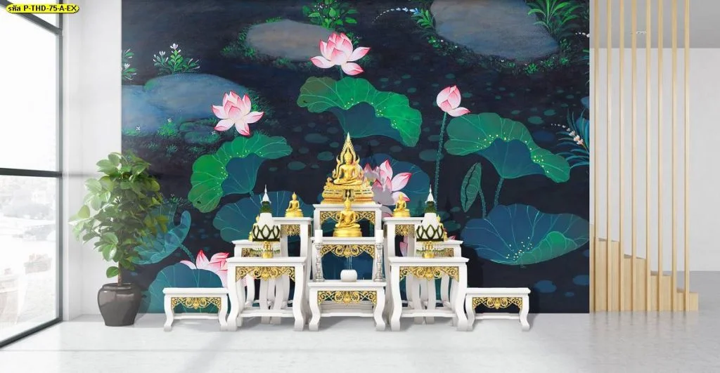 ภาพติดผนังลายป่าหิมพานต์สระบัวโทนสีเข้มตัดกับโต๊ะหมู่บูชาสีขาวทอง เสริมความสง่างามโอ่อ่าให้แก่ห้องพระประจำบ้าน