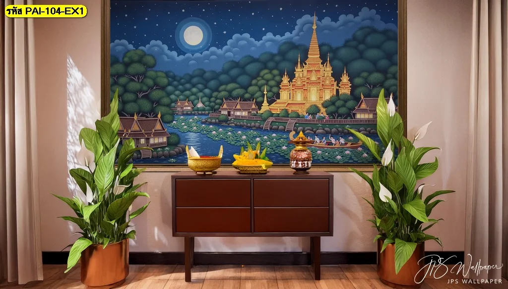วอลเปเปอร์ลายจิตรกรรมวิถีไทยภาพวิวสายน้ำใต้แสงจันทร์ ตกแต่งผนังคอนโซลไม้โมเดิร์นได้อย่างประณีตหรูหรา