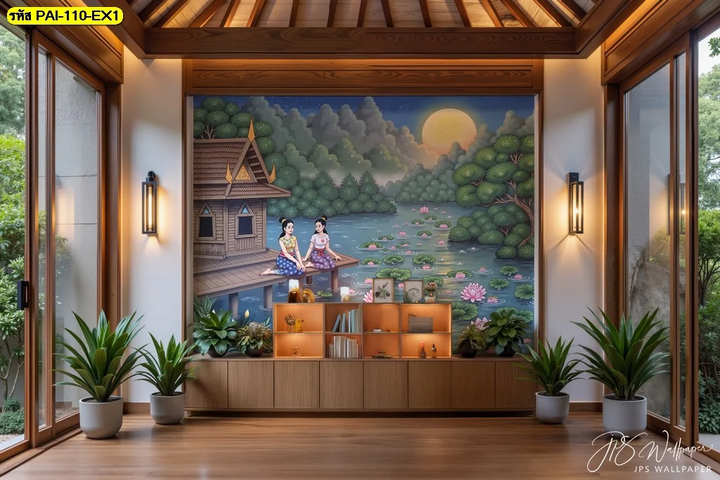 วอลเปเปอร์ลายจิตรกรรมวิถีไทยหญิงสาวริมน้ำ สำหรับผนังห้องนั่งเล่นและมุมต้อนรับ ช่วยเพิ่มความอ่อนช้อยงดงาม